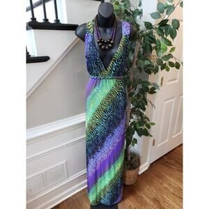 Dots Long Maxi Dress Womens 2X Multi Geo Print Cinch Waist Stretch Sleeveless